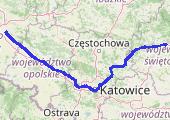 Kielce -> Katowice -> Wrocław - mapa trasy gps - pociąg